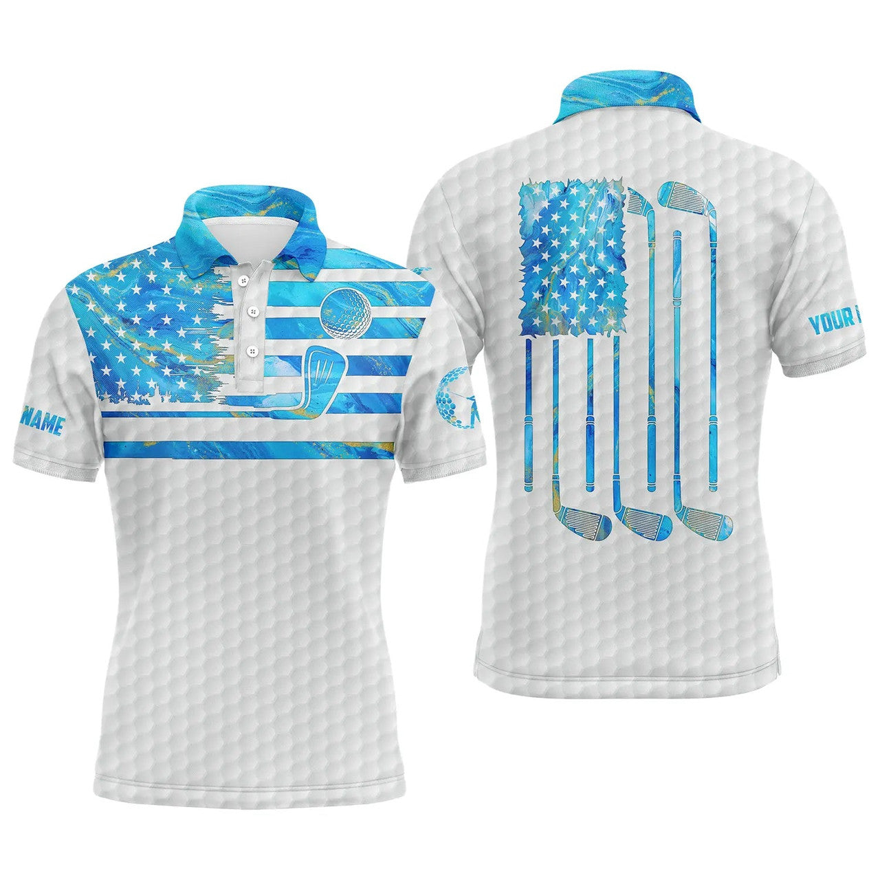 Personalized Blue Watercolor American Flag Apparel Custom Name Men's Polo Shirt