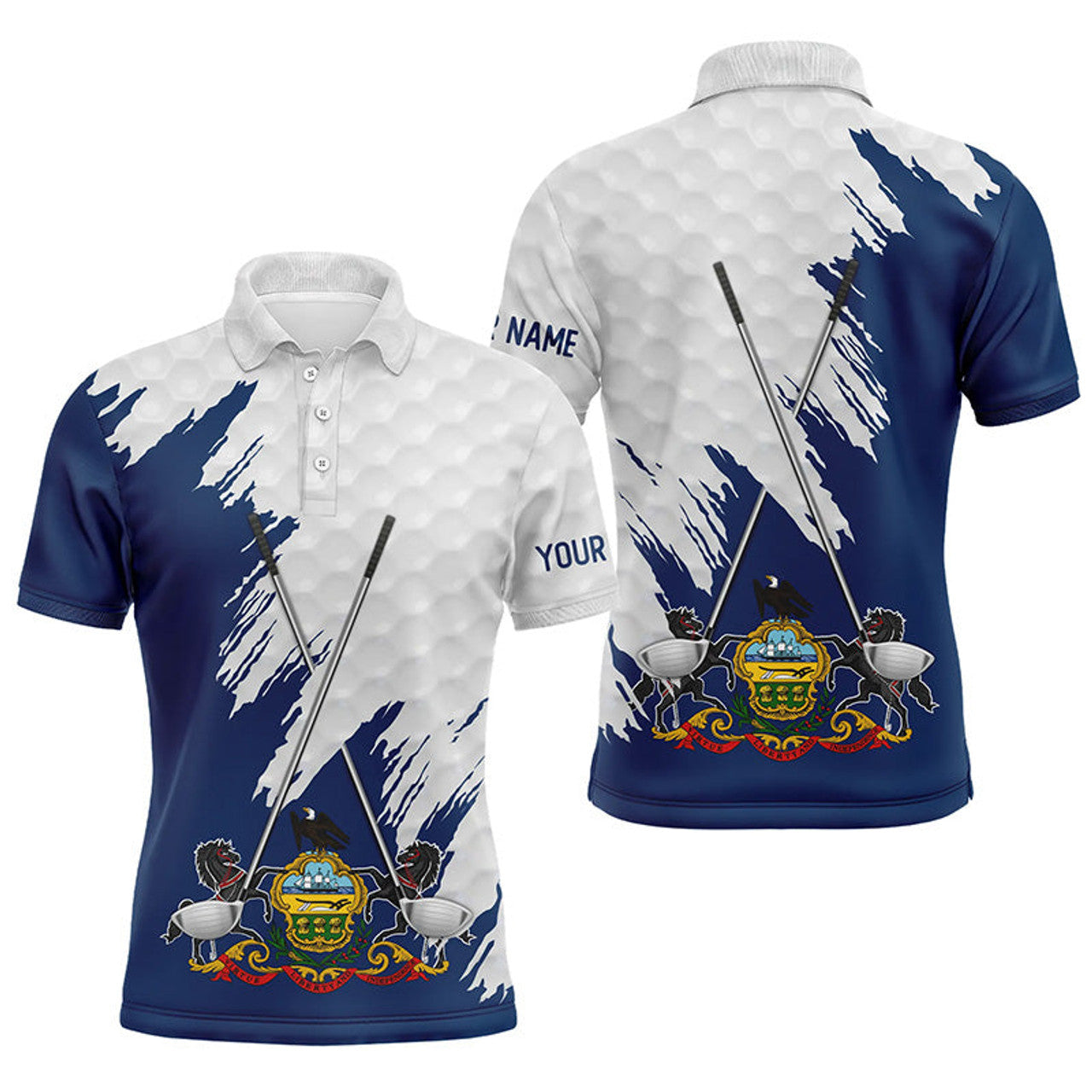 Pennsylvania Flag Golf Clubs Patriotic Custom Name White Mens Polo Shirt S-5XL