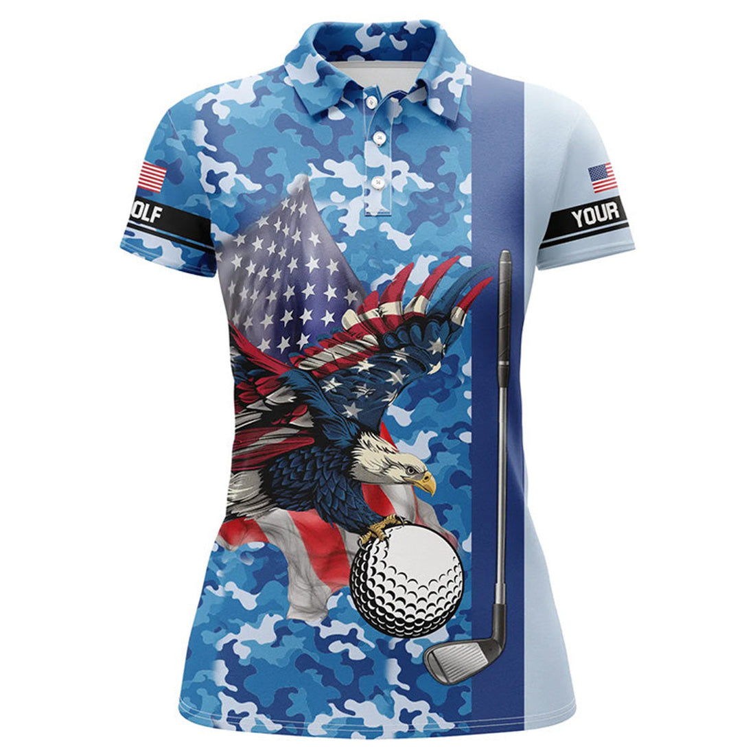 Custom Blue Camo American Flag Eagle Patriotic Golf Outfit Women's Polo Shirts S-5XL