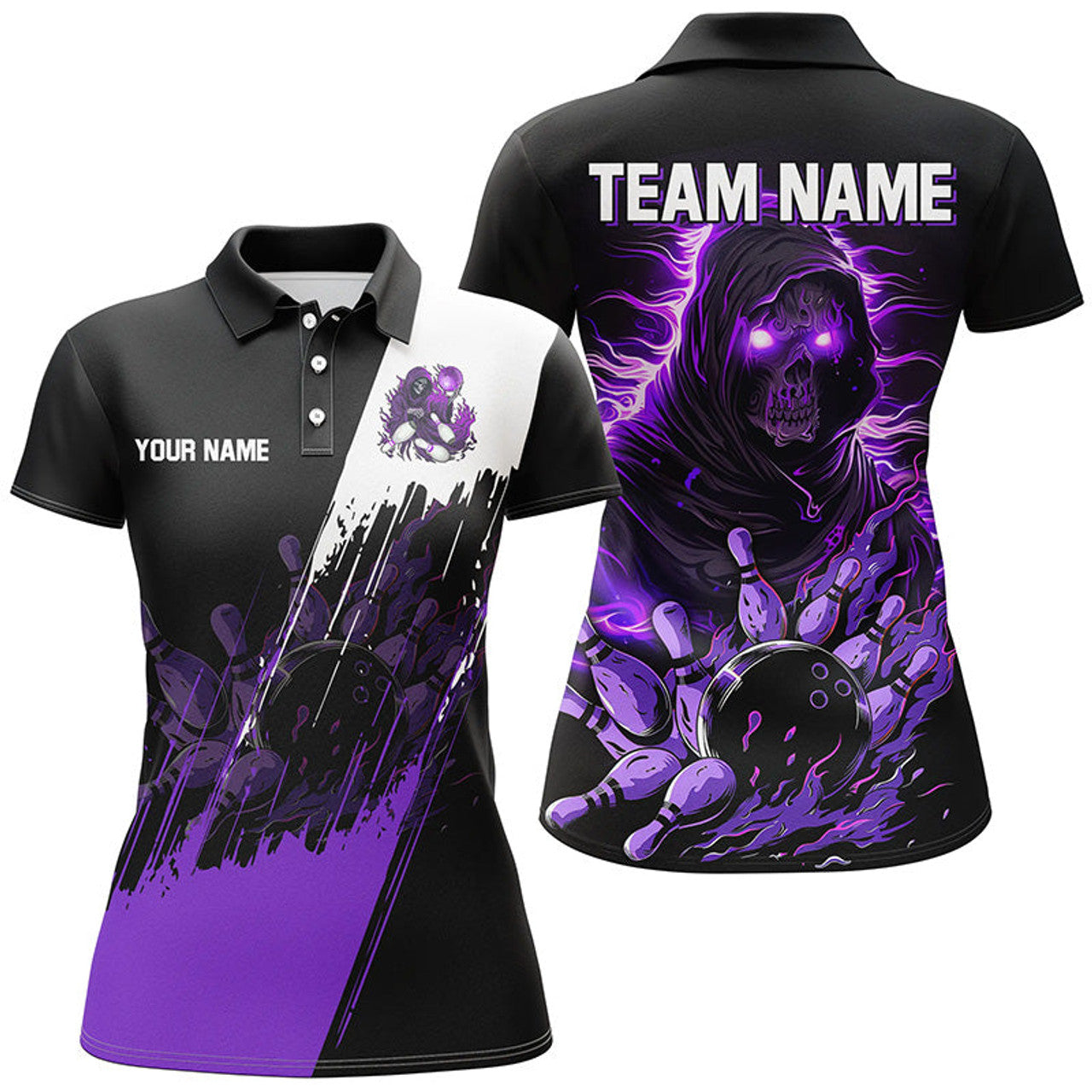 Custom Black Purple Skull Reaper Bowling for Women's Polo Shirts S-5XL
