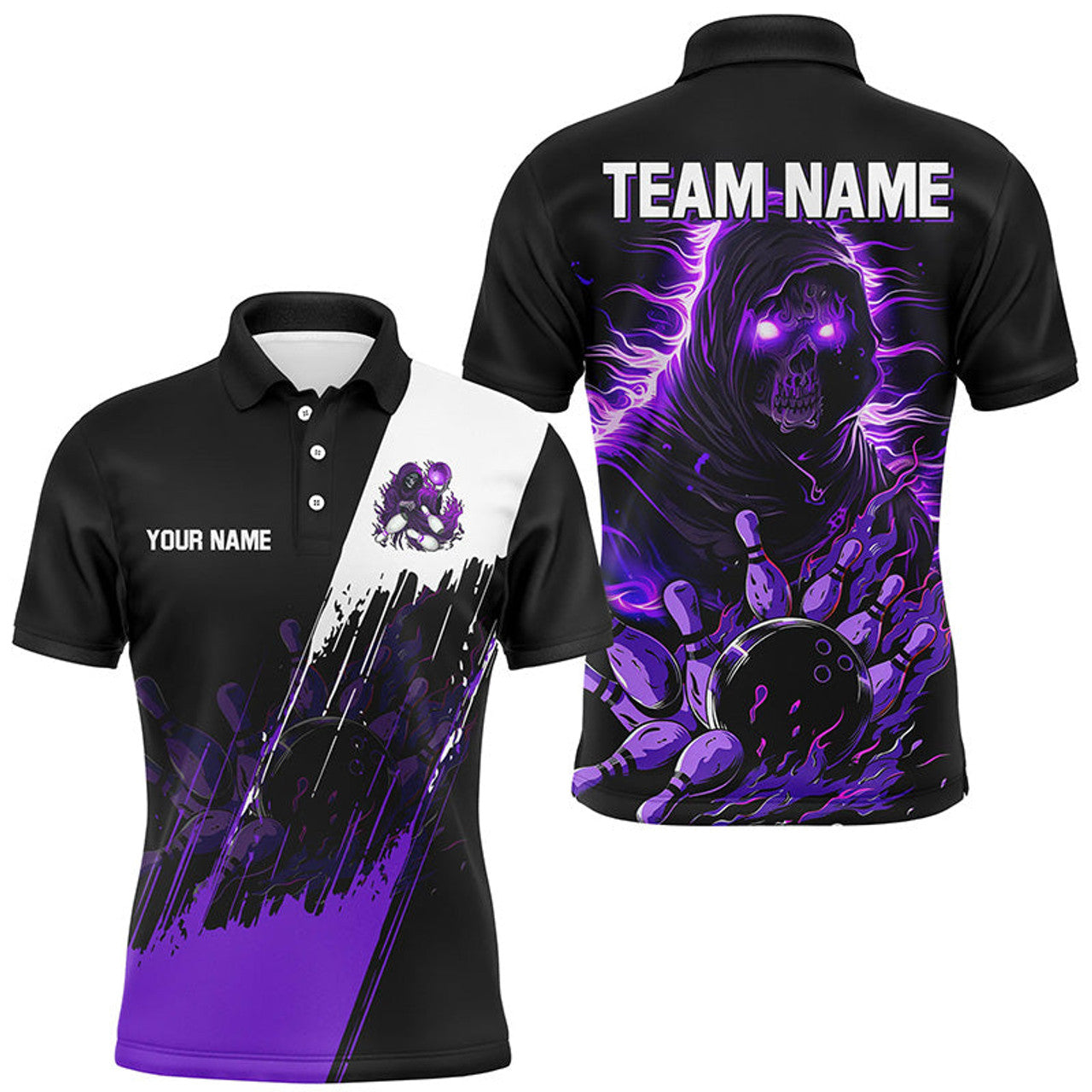 Black and Purple Skull Reaper Bowling Men's Polo Shirt S-5XL