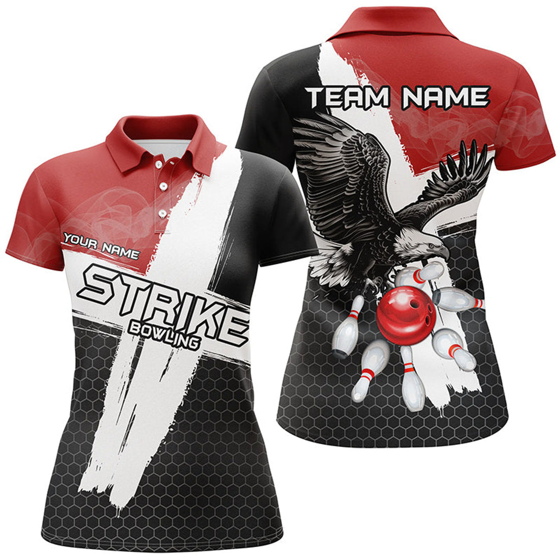 Custom Name Black Red Eagle Strike Bowling Team Shirt Women's Polo Shirts S-5XL
