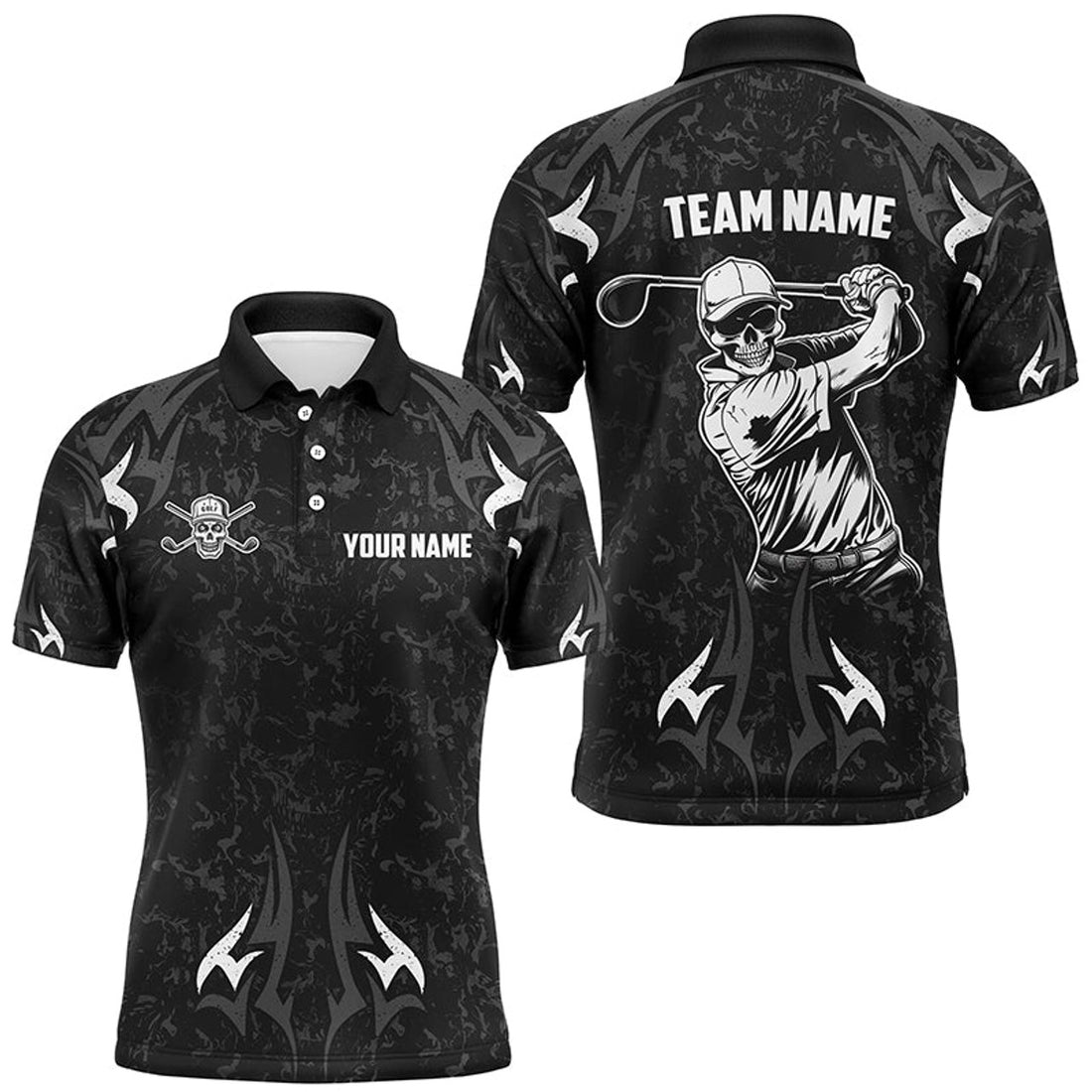 Custom Name Black White Camo Skull Golf Men's Polo Shirt S-5XL