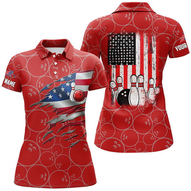 Custom Red Vintage American Flag Bowling Polo Shirt Women Women's Polo Shirts S-5XL