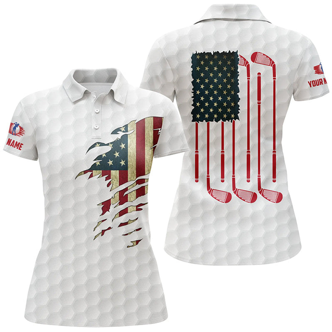 Custom Golf American Flag Vintage Design with Name Women's Polo Shirts S-5XL