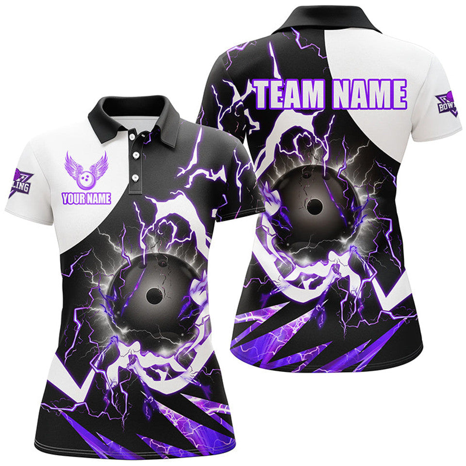 Custom Purple Lightning Thunder Bowling Team League Women's Polo Shirts S-5XL