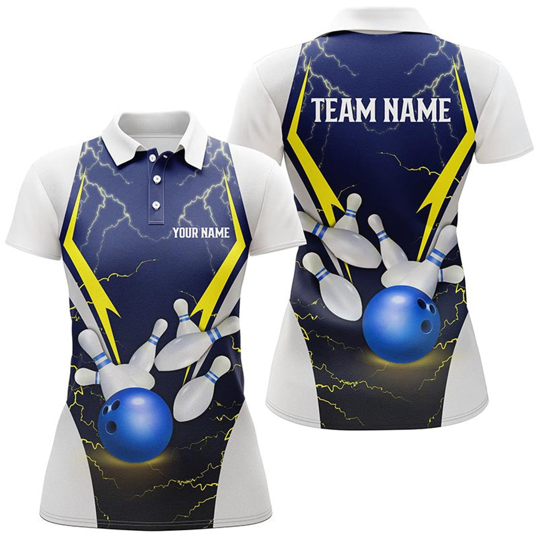 Custom Blue Lightning Thunder Bowling Polo with Pins Women's Polo Shirts S-5XL