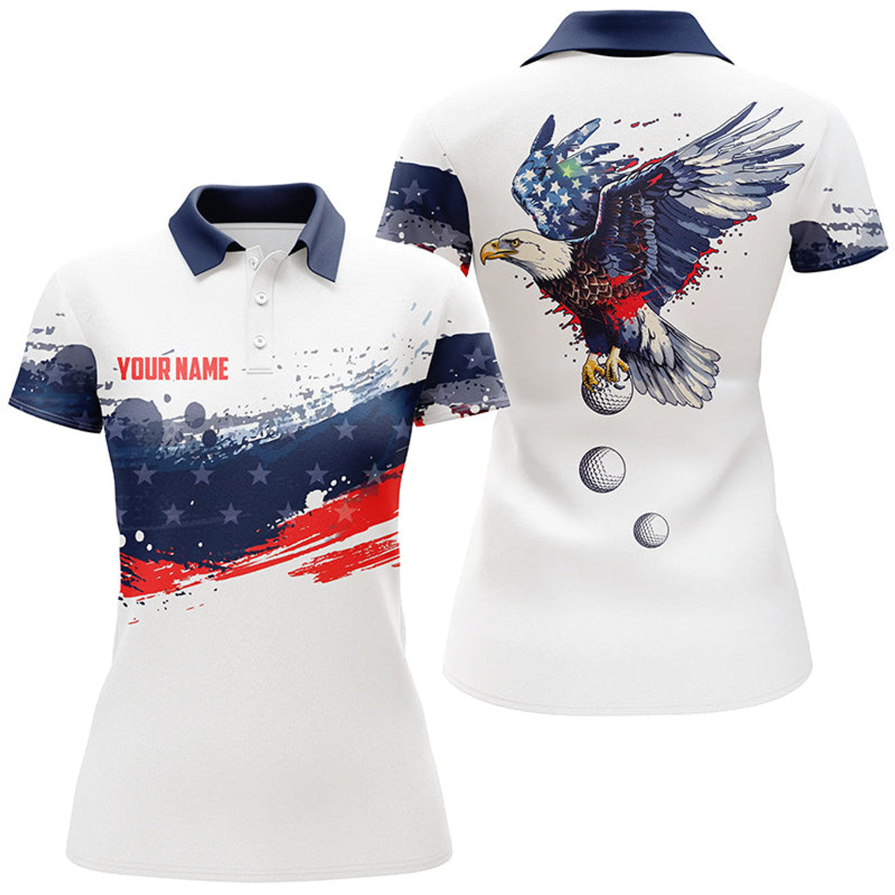 Custom Eagle and American Flag Red White Blue Golf Tops Women's Polo Shirts S-5XL