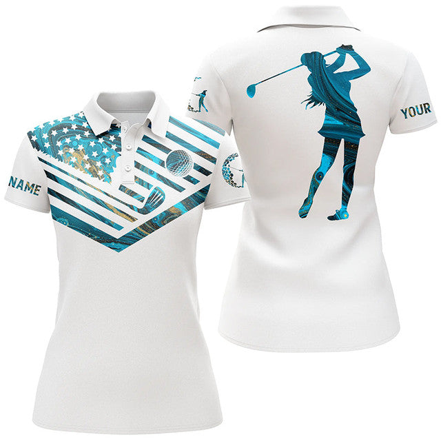 Custom Marble American Flag Golf Shirt with White Design Women's Polo Shirts S-5XL