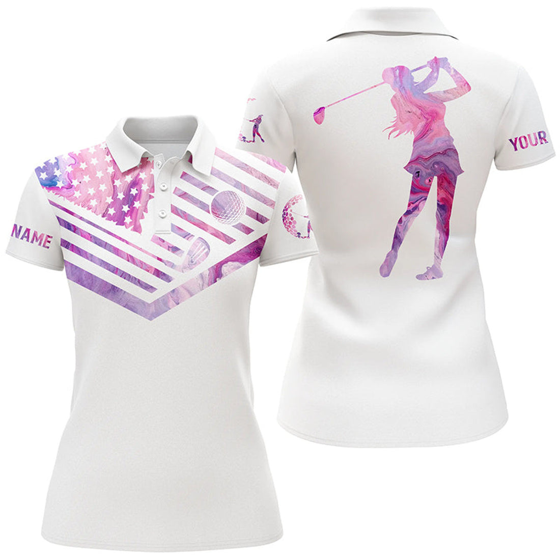 Custom Name Pink Marble American Flag White Golf Shirt Women's Polo Shirts S-5XL