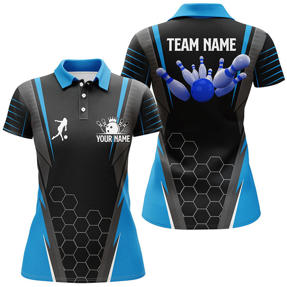 Custom Name Black Blue Bowling Shirt for Women Team Outfit Women's Polo Shirts S-5XL