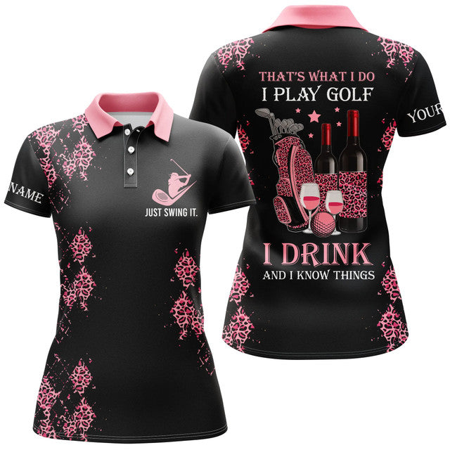 Custom Pink Leopard Funny Golf Shirt Name and Wine Quote Women's Polo Shirts S-5XL