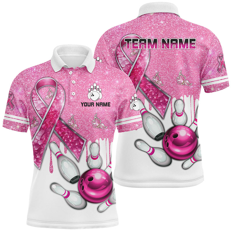 Pink Ribbon Glitter Bowling Custom Team Polo Shirt Size S-5XL Men's Polo Shirt