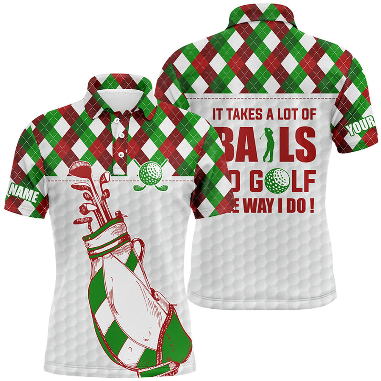 It Takes a Lot of Balls to Golf Custom Christmas Argyle Men's Polo Shirt S-5XL
