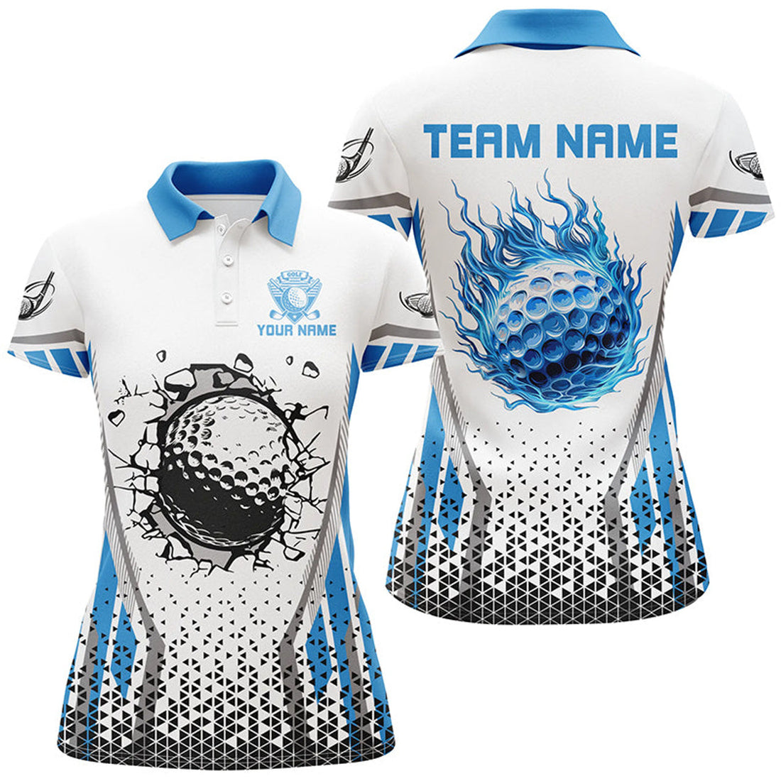 Custom Blue Flame Golf Ball Wall Break White Golf Women's Polo Shirts S-5XL