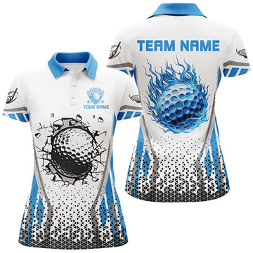 Custom Blue Flame Golf Ball Wall Break White Golf Women's Polo Shirts S-5XL