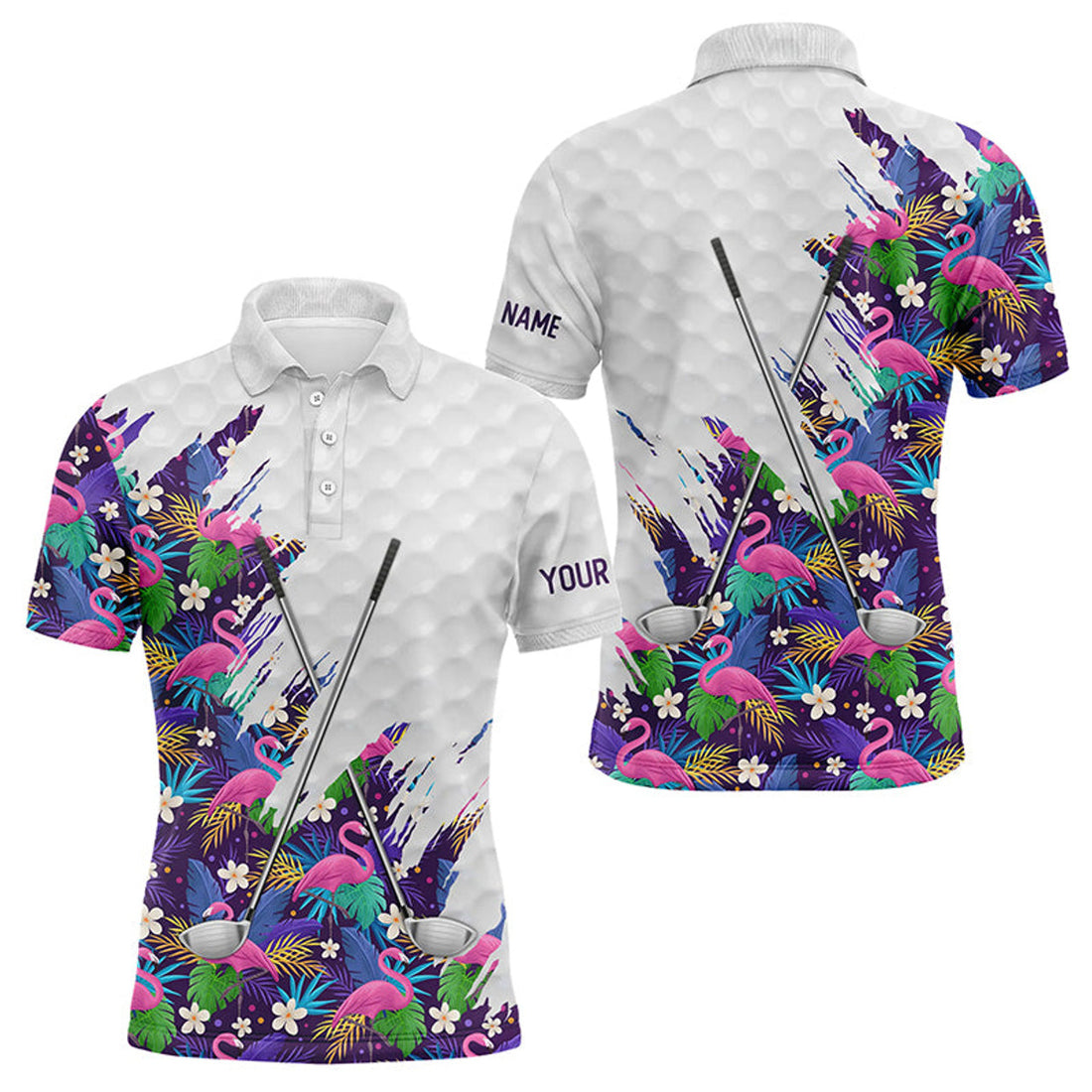 Custom Name Purple Flamingo Tropical Pattern White Men's Polo Shirt S-5XL