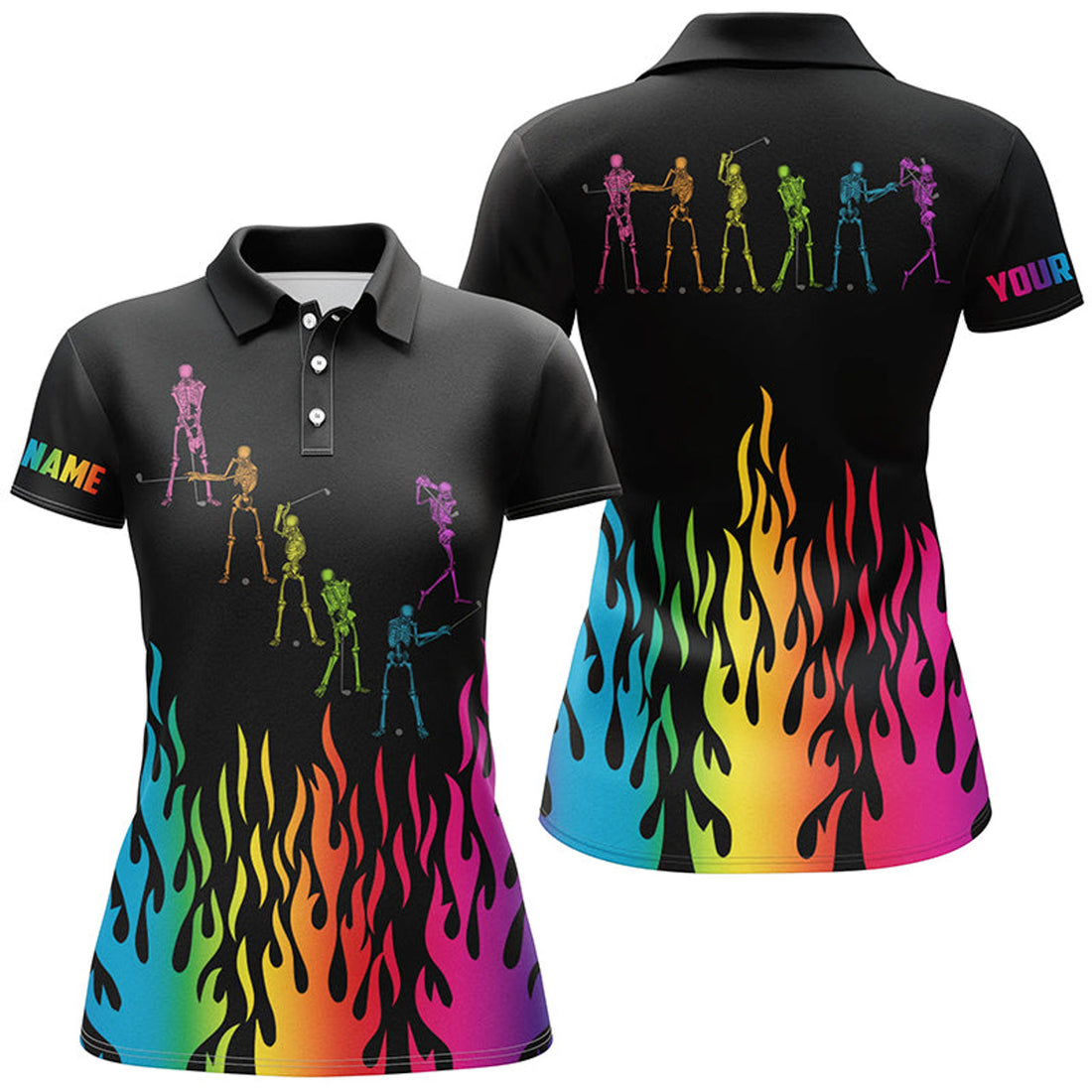 Custom Rainbow Flame Skeleton Golf Shirt Black Golf Attire Women's Polo Shirts S-5XL