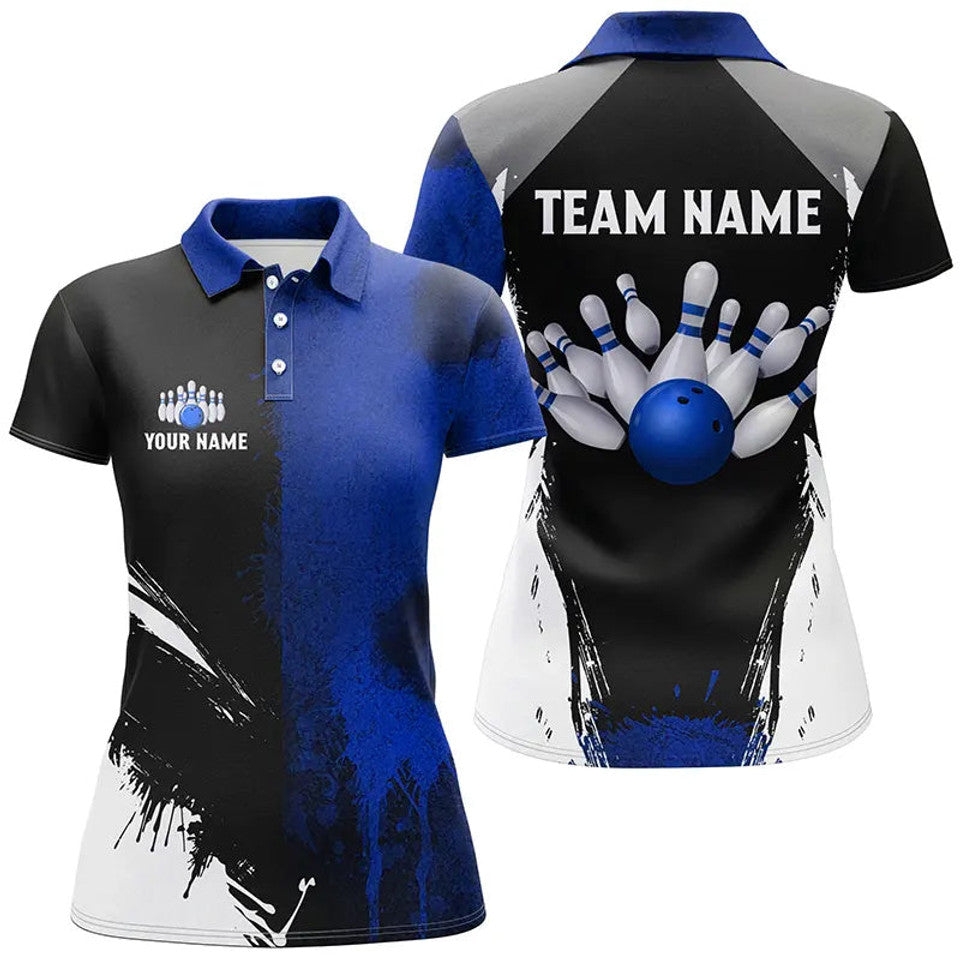 Custom Bowling Team Shirt Black and Blue Gift for Women's Polo Shirts S-5XL