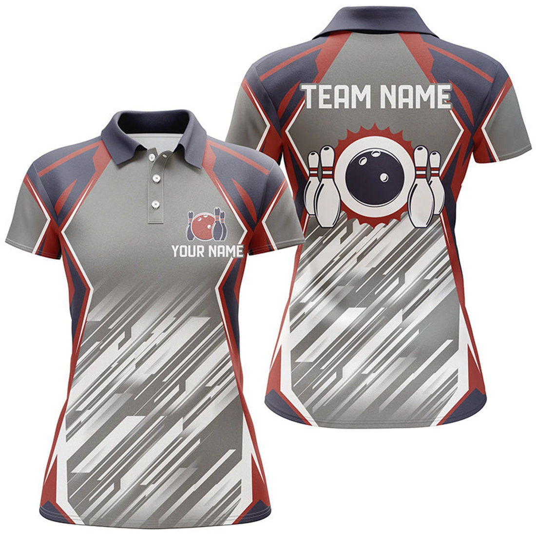 Custom Grey Abstract Pattern Retro Bowling Ball Pins Women's Polo Shirts S-5XL