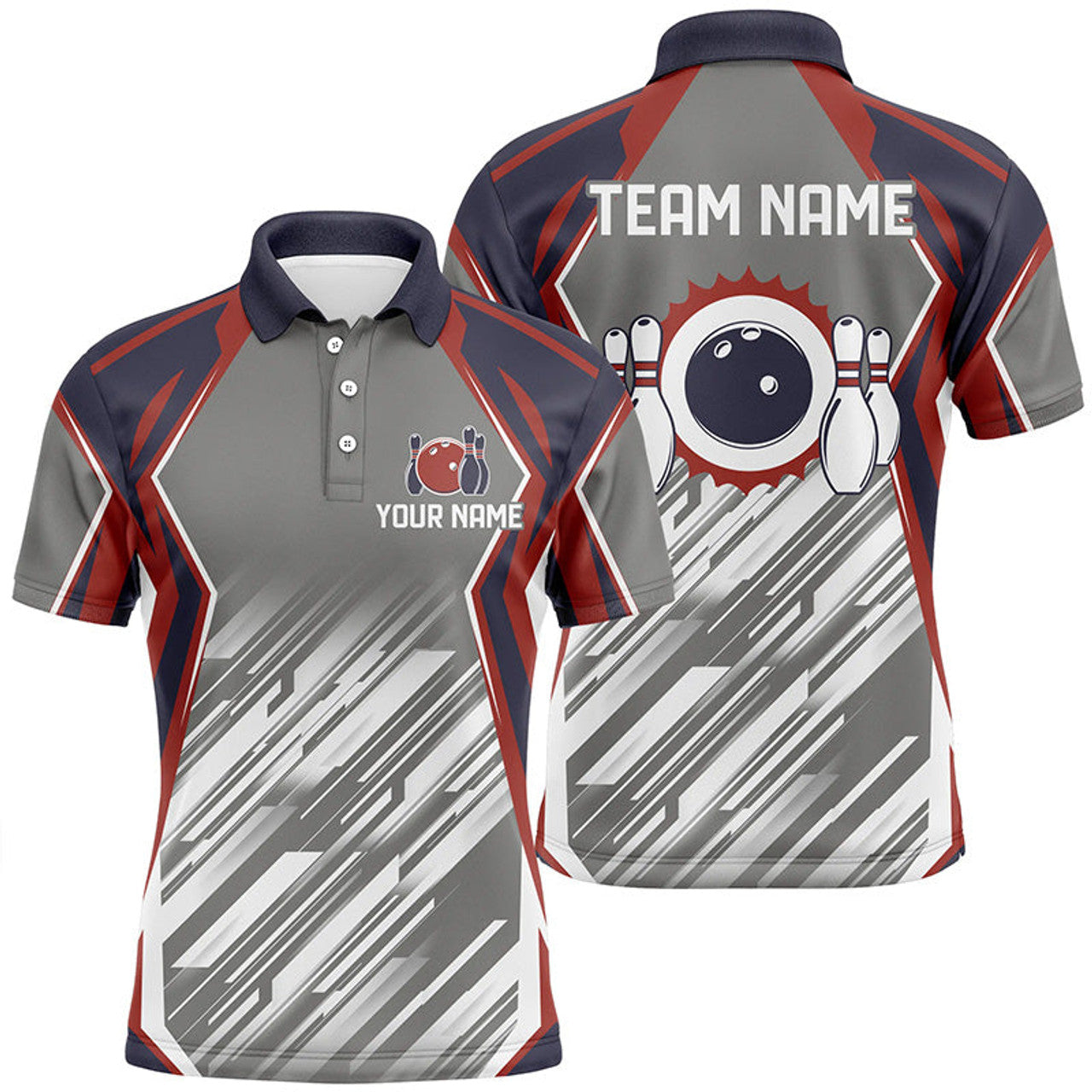 Grey Abstract Pattern Retro Bowling Ball And Pins Custom Team Men's Polo Shirt S-5XL