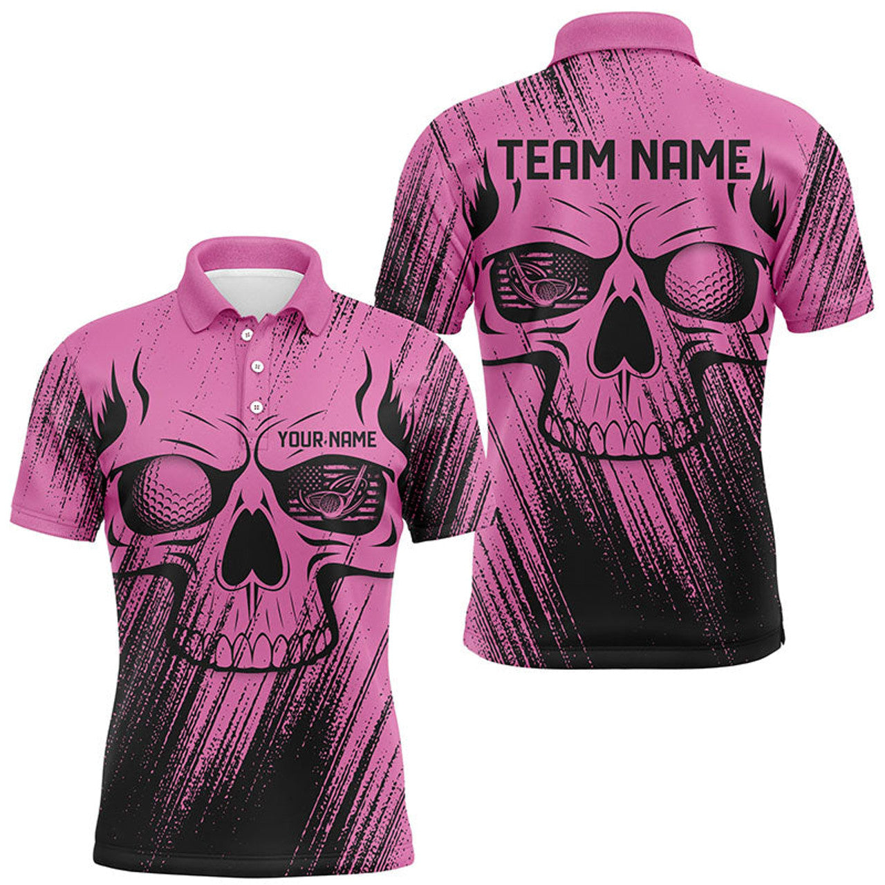 Custom Pink Grunge Skull Golf Outfit Team Shirt Men's Polo Shirt S-5XL