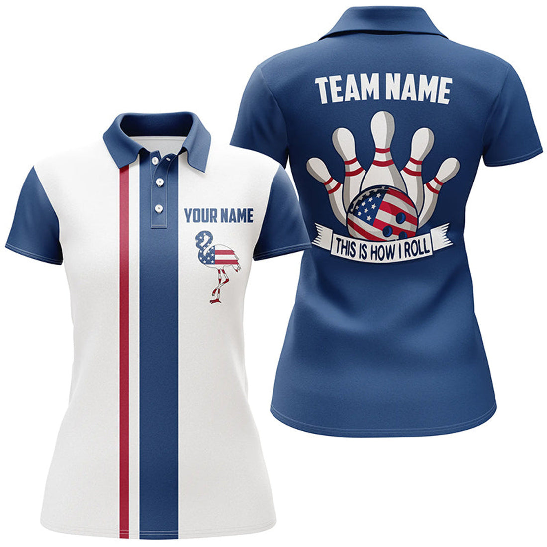 Custom American Flag Flamingo Retro Bowling Red White Blue Women's Polo Shirts S-5XL