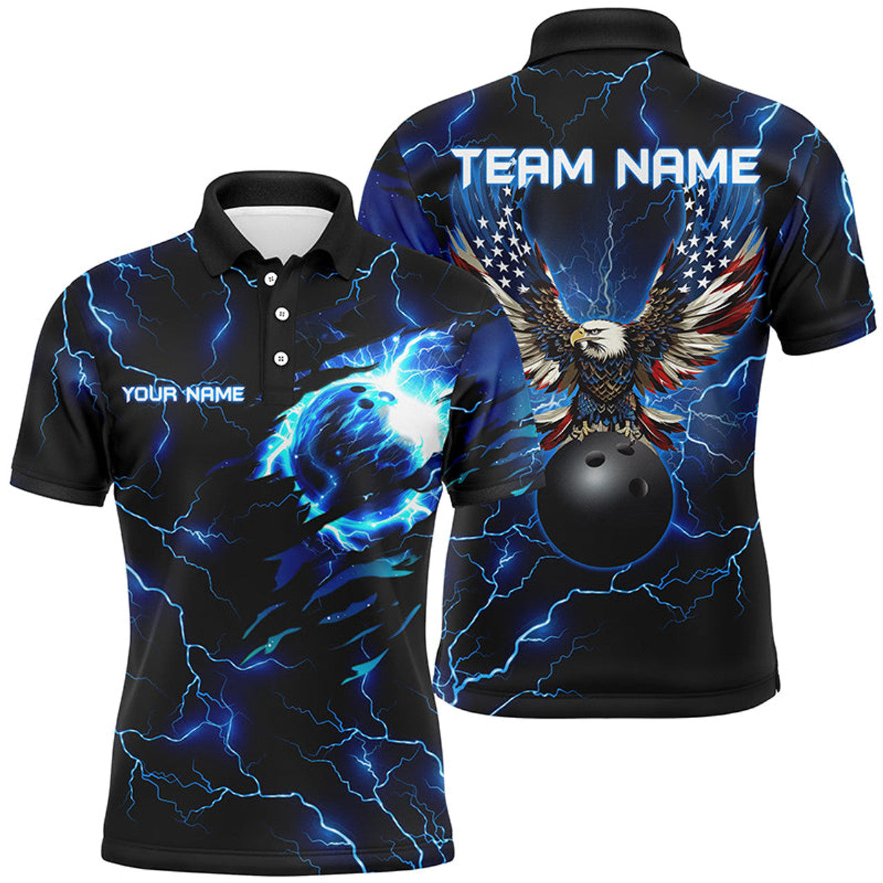 Blue Lightning Thunder American Flag Eagle Custom Billiards Men's Polo Shirt S-5XL