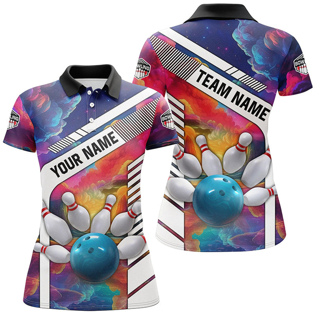Custom Bowling Team Shirt with Colorful Ball and Pins Women's Polo Shirts S-5XL