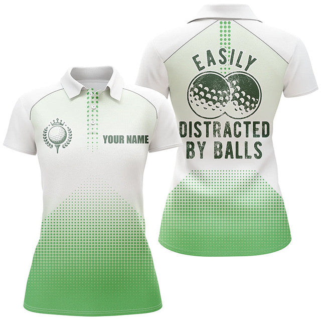 Custom White Green Funny Golf Easily Distracted by Balls Women's Polo Shirts S-5XL