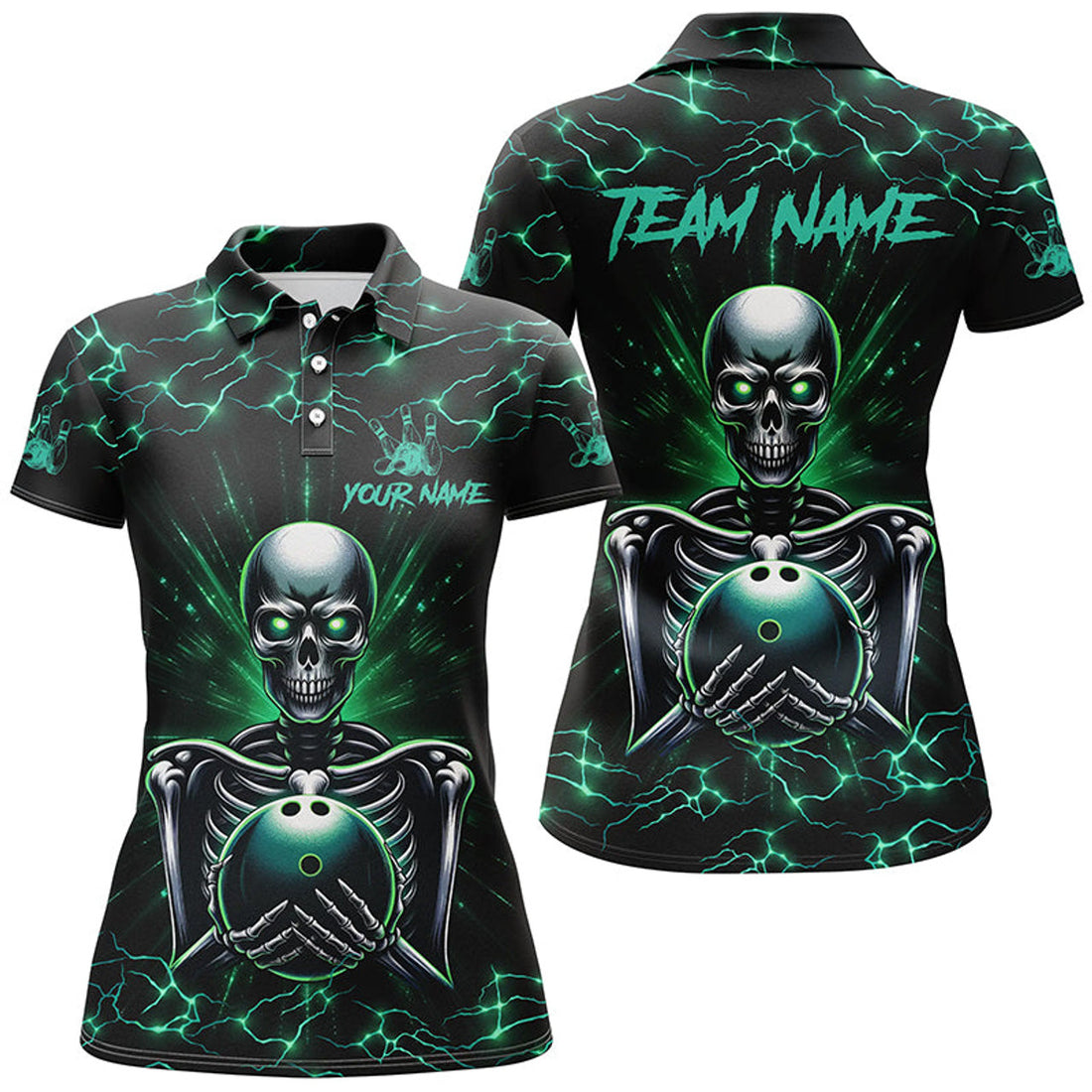 Custom Green Skull Lightning Bowling Gift For Bowlers Women 3D Polo Shirt Size S-5XL