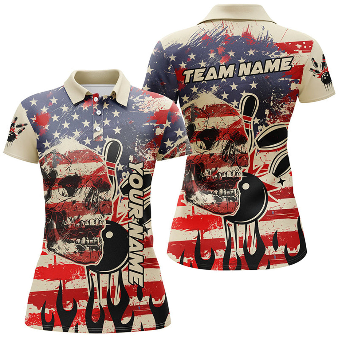 Custom American Flag Skull Bowling Jersey Gift for Bowlers Women's Polo Shirts S-5XL