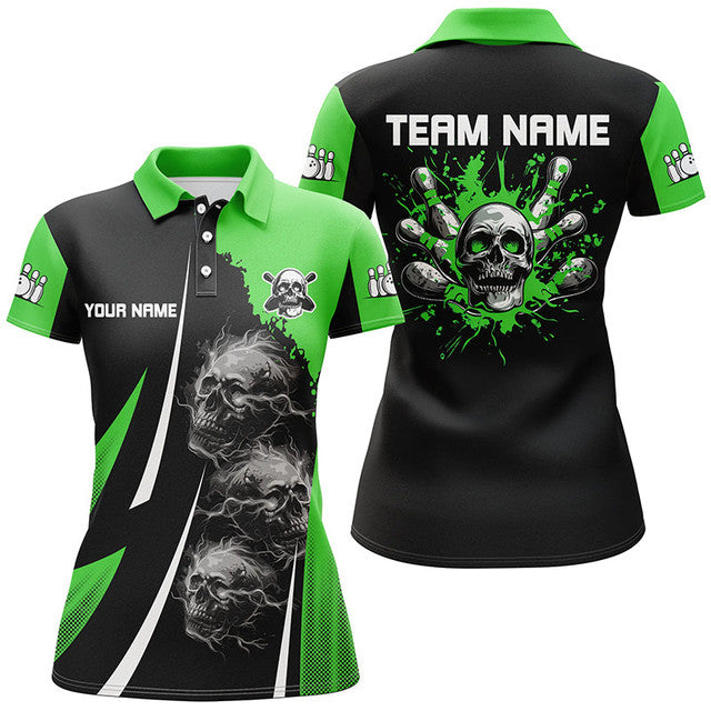 Custom Green Black Skull Bowling Team Shirts Women's Polo Shirts S-5XL