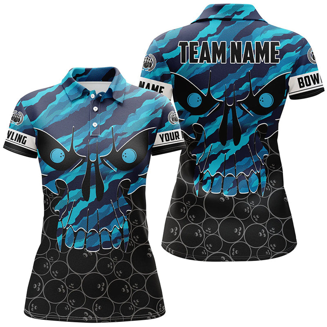 Custom Blue Camo Skull Bowling Shirt With Team Name Women's Polo Shirts S-5XL