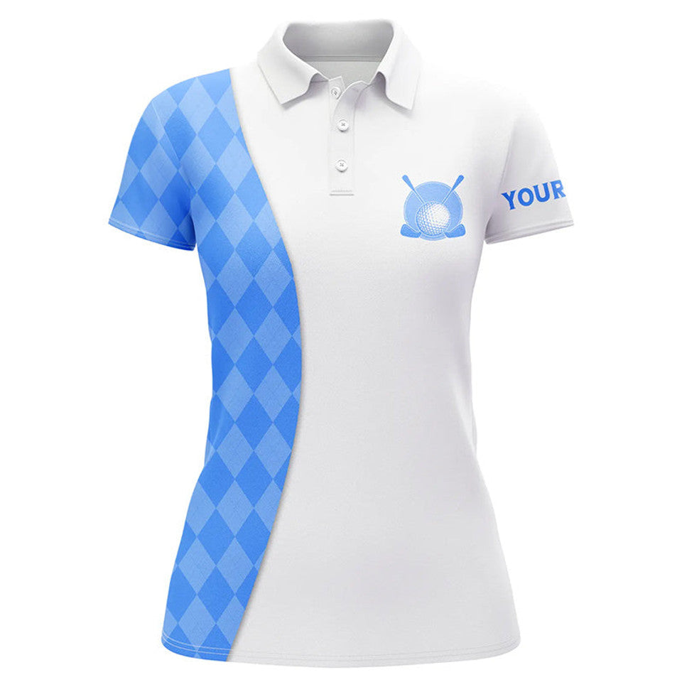 Custom Name Blue Argyle Golf Shirt White Patterned Women's Polo Shirts S-5XL