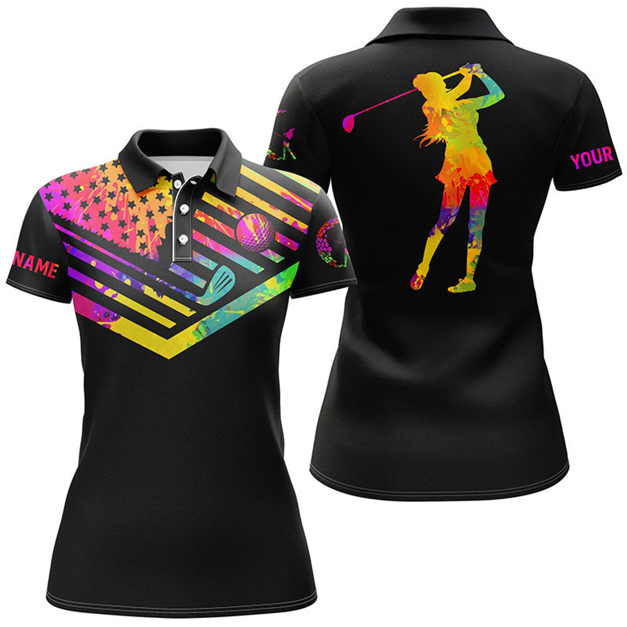 Custom Name Watercolor American Flag Black Golf Shirt Women's Polo Shirts S-5XL