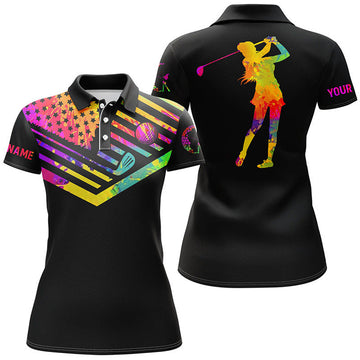 Custom Name Watercolor American Flag Black Golf Shirt Women's Polo Shirts S-5XL