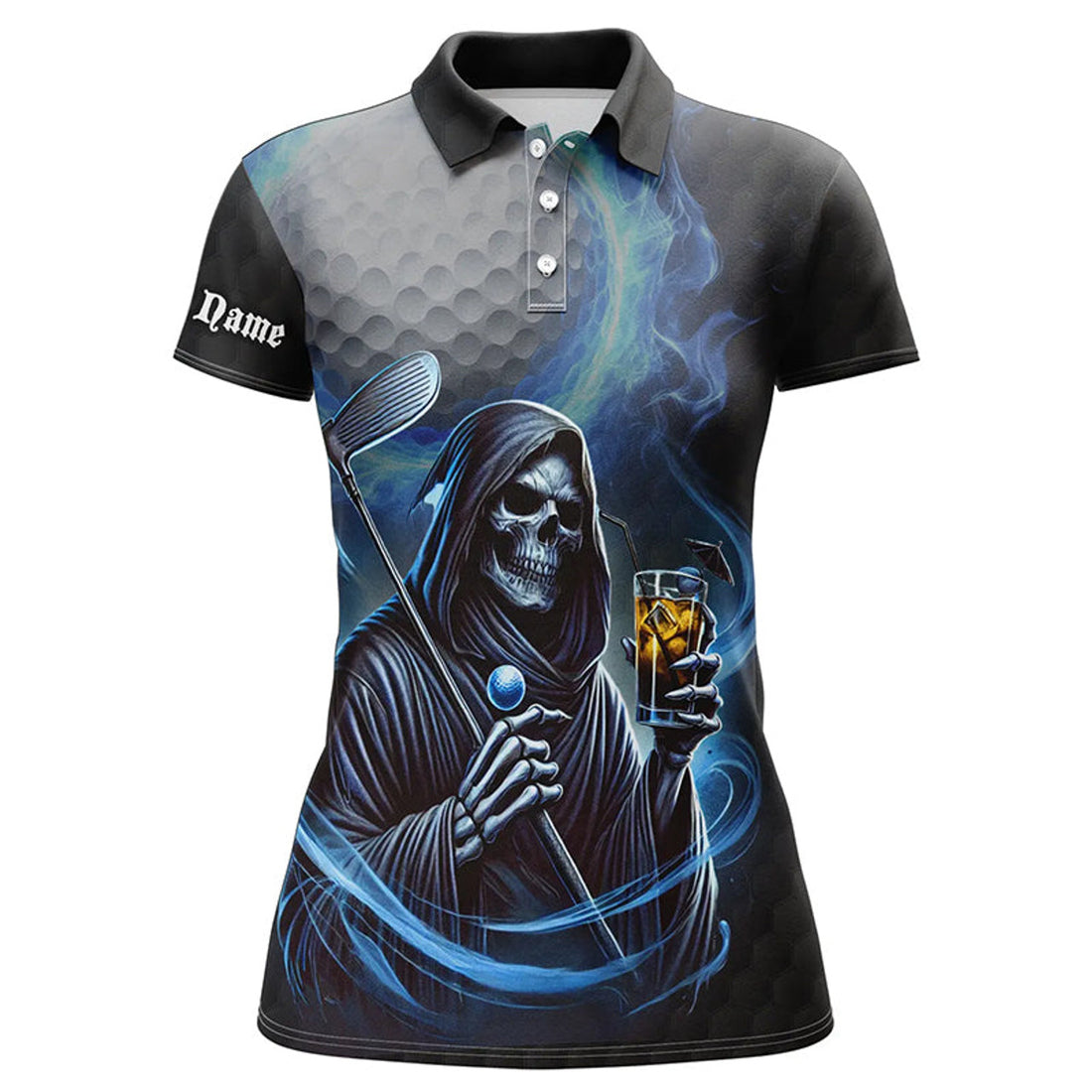 Custom Name Funny Blue Fire Reaper Skull Golf Shirt Gift Women's Polo Shirts S-5XL