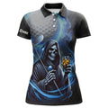 Custom Name Funny Blue Fire Reaper Skull Golf Shirt Gift Women's Polo Shirts S-5XL