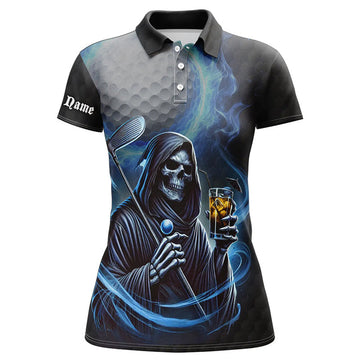 Custom Name Funny Blue Fire Reaper Skull Golf Shirt Gift Women's Polo Shirts S-5XL
