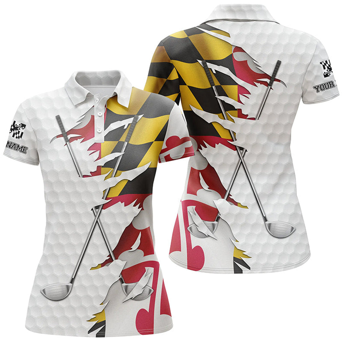 Custom Name Maryland Flag Golf Ball Skin White Patriotic Women's Polo Shirts S-5XL