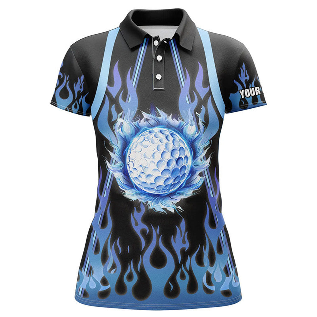 Custom Black and Blue Flame Golf Ball Outfit for Ladies Women's Polo Shirts S-5XL