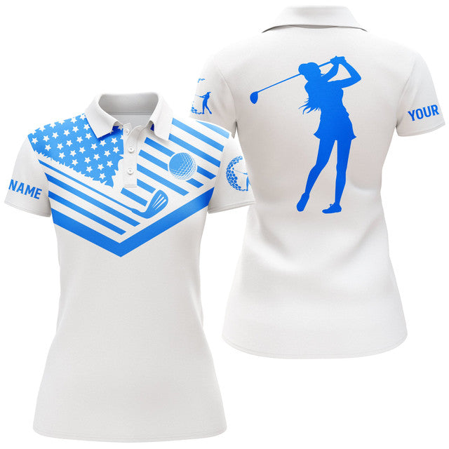 Custom Blue American Flag White Golf Shirt Name for Women Women's Polo Shirts S-5XL