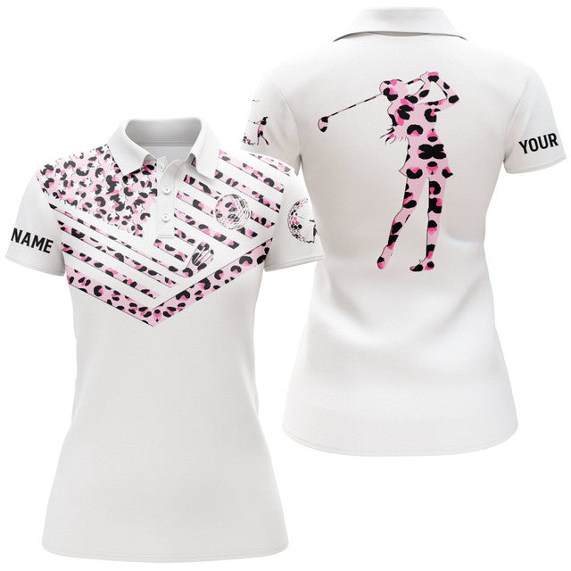Custom Pink Leopard American Flag White Golf Shirt Women's Polo Shirts S-5XL