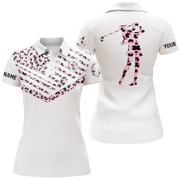 Custom Pink Leopard American Flag White Golf Shirt Women's Polo Shirts S-5XL