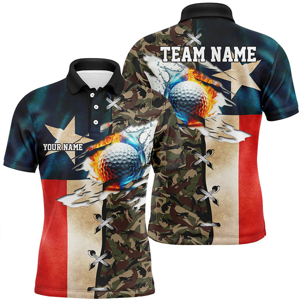 Texas Flag Camo Golf Polo Custom Fire Water Ball Team Men's Polo Shirt S-5XL