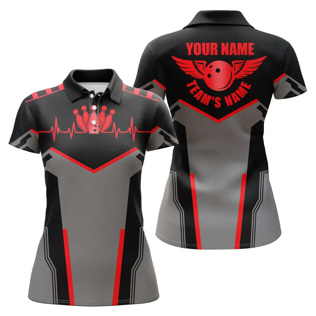 Custom Name Team Bowling Shirt With Ball And Pins Red Women's Polo Shirts S-5XL