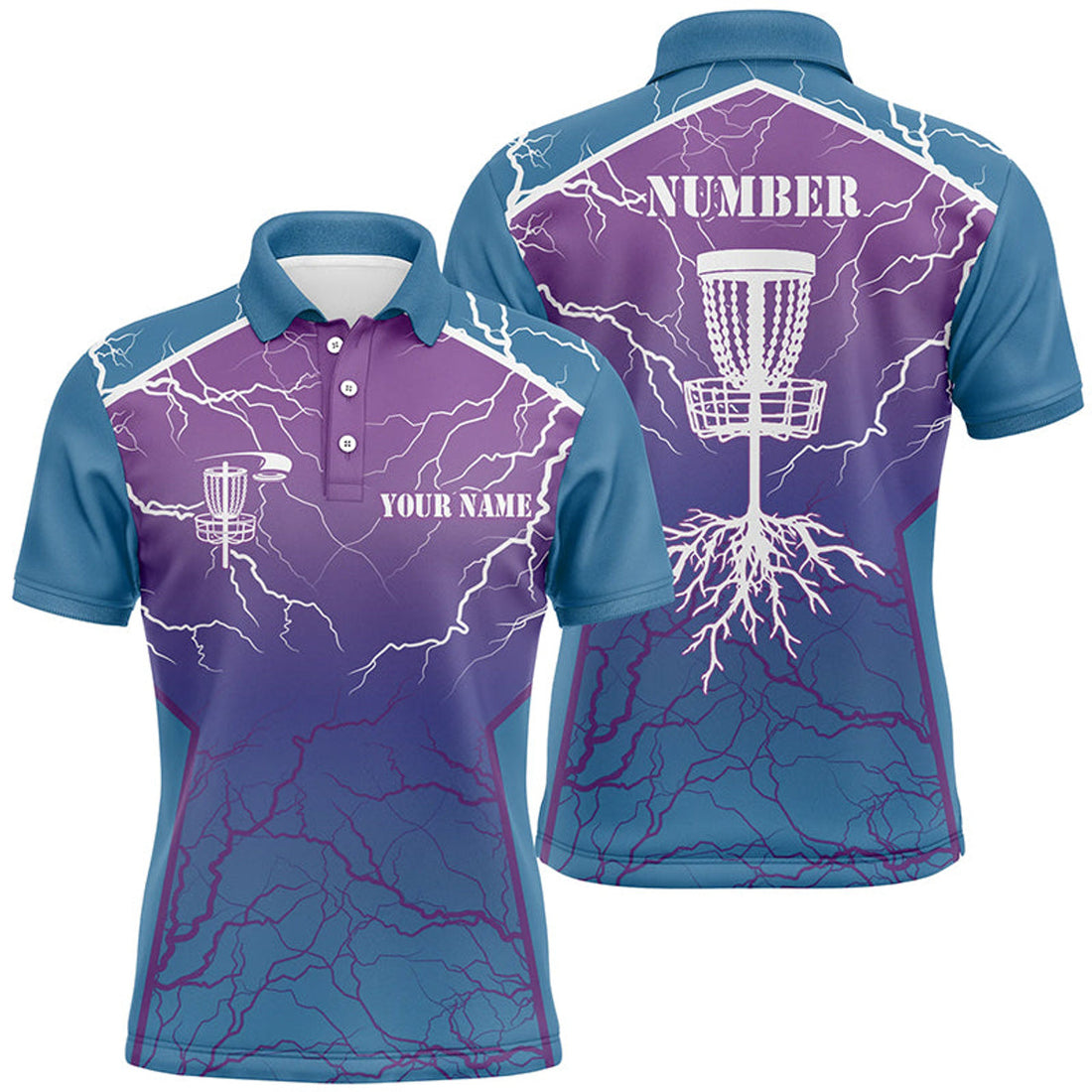 Custom Blue & Purple Disc Golf Jersey Lightning Thunder Men's Polo Shirt S-5XL