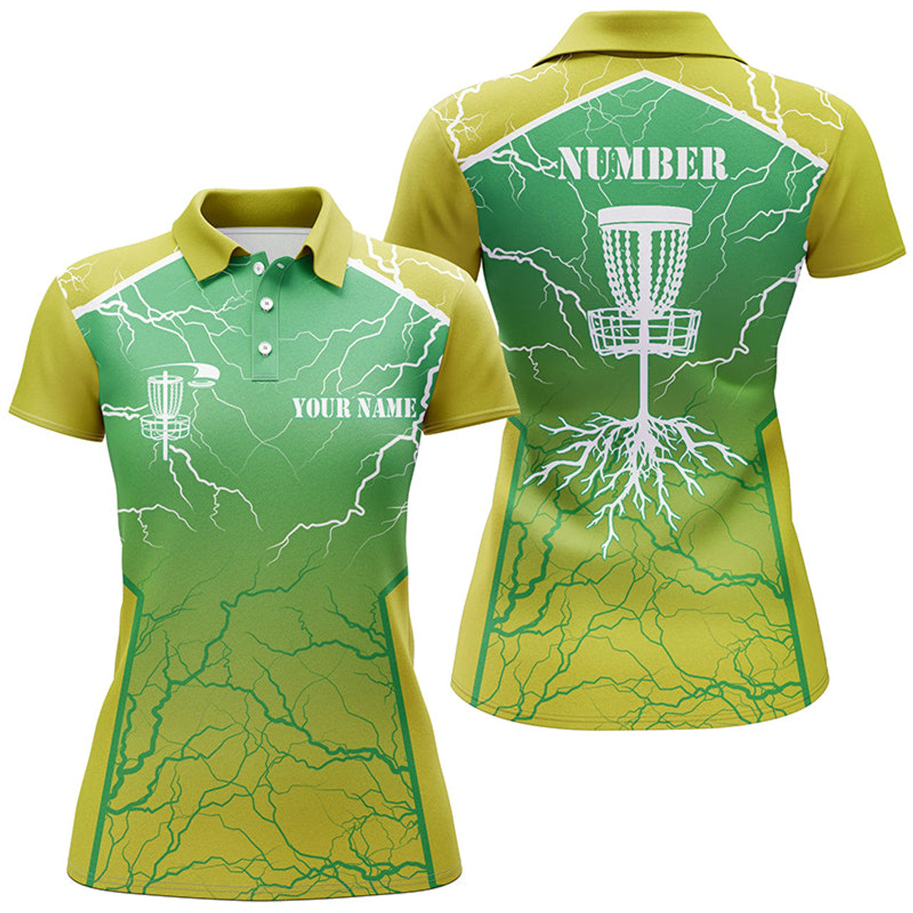 Custom Yellow Green Lightning Thunder Disc Golf Women's Polo Shirts S-5XL