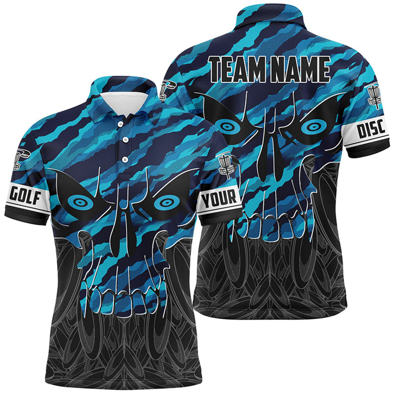 Blue Camo Custom Skull Disc Golf Men's Polo Shirt S-5XL